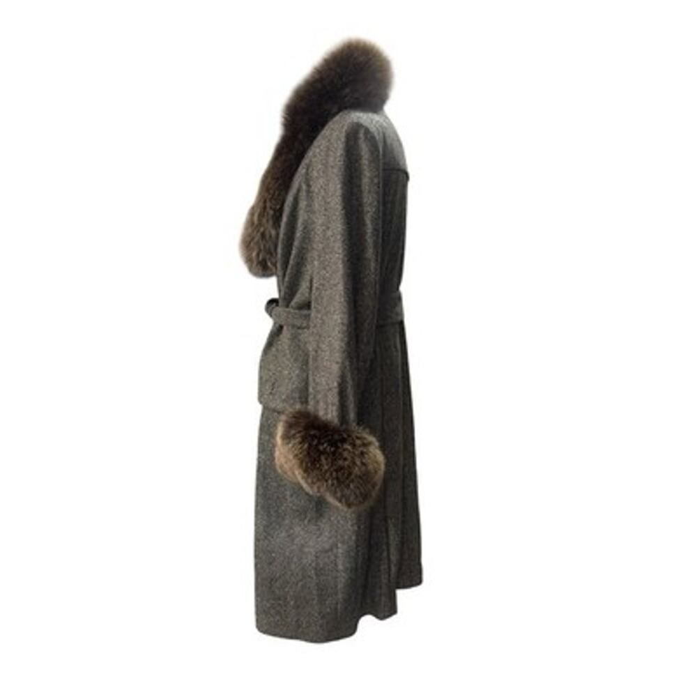 Vintage Magaschoni Wool Silk Tweed Coat Real Fox Fur Collar Cuffs Belted 36 - Picture 3 of 13